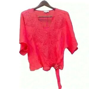 Hope Springs Blouse Eyelet Faux Wrap Waist Tie Buckle Stretch Camisole Boho SZ L